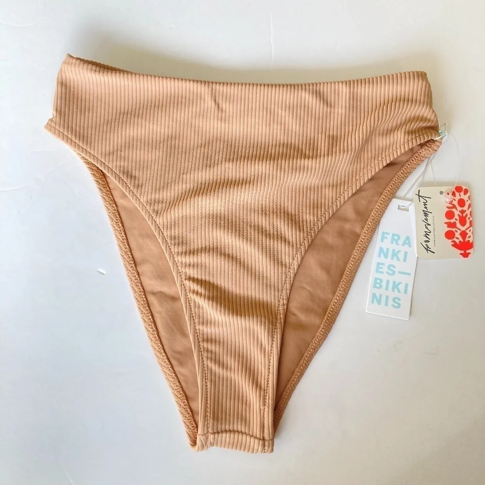 NWT Frankies Bikinis Jenna Ribbed Neutral High Waisted Bikini Bottoms Sz S